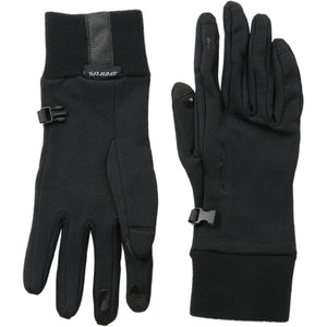 Pair of black Seirus gloves with touch screen fingertips and side buckles