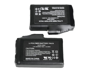 Two black rectangular lithium polymer battery packs with technical specifications and caution labels