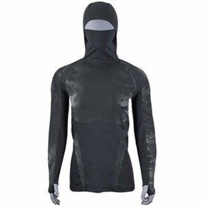 Seirus black long sleeve base layer with integrated hood and face mask on a mannequin