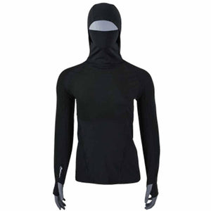 Seirus black long sleeve base layer shirt with integrated hood and face mask on a mannequin
