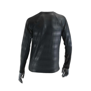 Back view of a black Seirus long sleeve base layer shirt with a subtle chevron pattern