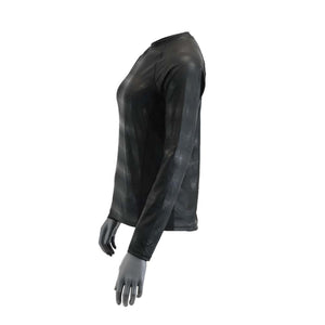 Seirus black long sleeve base layer top with subtle geometric pattern on a mannequin