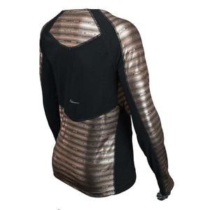 Back view of Seirus long sleeve base layer with black panels and metallic bronze chevron pattern