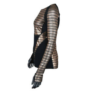 Seirus long sleeve base layer top with metallic bronze and black striped pattern on a mannequin