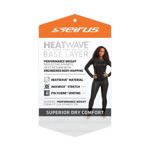 Seirus Heatwave base layer product packaging with model wearing black performance weight top and leggings