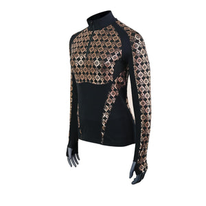 Seirus black long sleeve quarter zip base layer with metallic copper geometric pattern on chest and sleeves