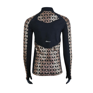 Back view of black Seirus long sleeve base layer with rose gold geometric pattern on shoulders and lower back