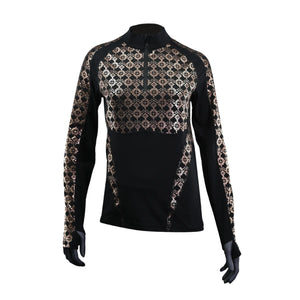 Seirus black long sleeve quarter zip top with metallic rose gold geometric pattern on chest and sleeves
