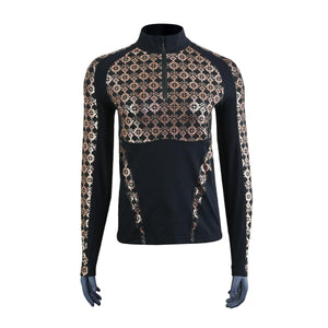 Seirus black long sleeve base layer with rose gold geometric pattern on chest and sleeves