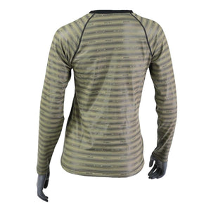 Back view of Seirus long sleeve base layer shirt with olive and black horizontal striped pattern