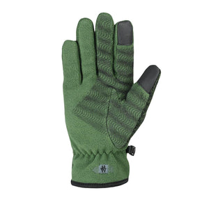 Seirus green fleece glove with black textured palm grip and touchscreen compatible fingertips