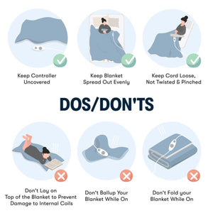 Serta electric blanket safety instructions showing correct and incorrect usage practices
