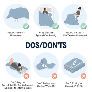 Serta electric blanket safety guide showing correct and incorrect usage practices
