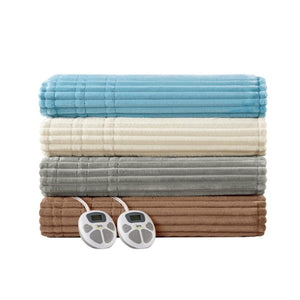 Stack of four Serta heated blankets in blue cream grey and brown with two digital controllers