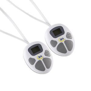 Two white Serta heated blanket controllers with digital displays and push buttons