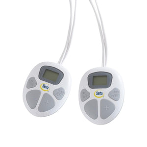 Two white Serta heated blanket controllers with digital displays and buttons for power timer and heat settings