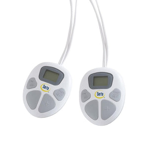 Two Serta electric blanket digital controllers with LCD screens and buttons for heat and timer settings