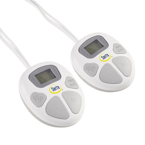 Two white Serta electric blanket controllers with digital displays and buttons