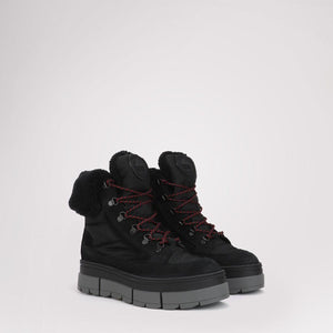 Pajar black lace up winter boots with grey platform soles and faux fur trim