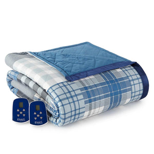 Shavel blue plaid electric heated blanket with two digital controllers
