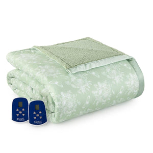 Shavel Home Products sage green floral print electric blanket with two digital controllers