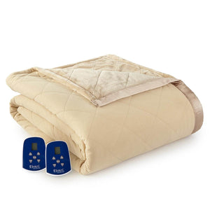 Shavel Home Products beige quilted electric blanket with two digital controllers