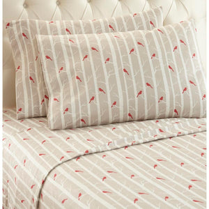 Shavel bed sheet set with red birds and white birch tree pattern on beige background