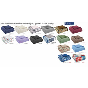 Shavel Microflannel blankets in various solid colors and patterns with matching sherpa reverse