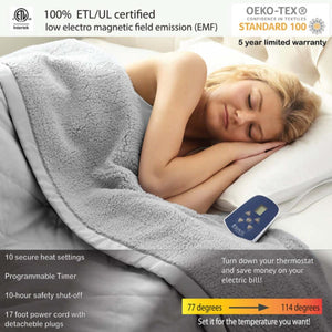 Shavel electric blanket with 10 heat settings and programmable timer featuring ETL and Oeko-Tex certification