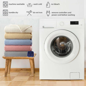 Shavel heated blanket care instructions with washing machine icons and stacked blankets on a wooden stool
