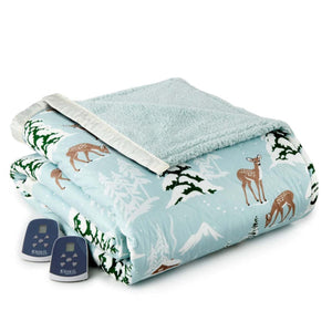 Shavel heated blanket with deer and winter forest print and two digital controllers