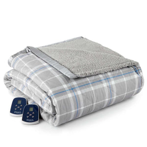 Shavel grey plaid electric blanket with sherpa lining and two digital controllers