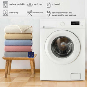 Shavel heated blanket care instructions with icons for washing and drying next to a washing machine