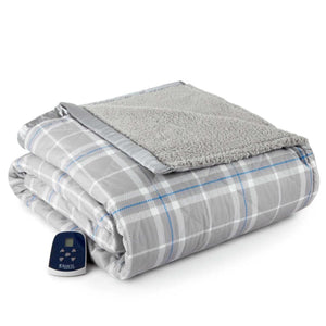 Shavel grey plaid electric blanket with sherpa lining and digital controller