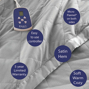 Shavel heated blanket with controller satin hem and micro flannel fabric features