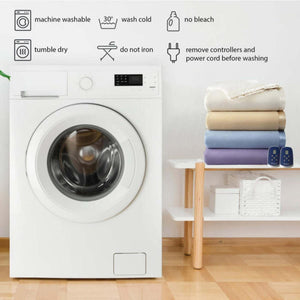 Shavel heated blanket care instructions with washing machine and icons for washing and drying