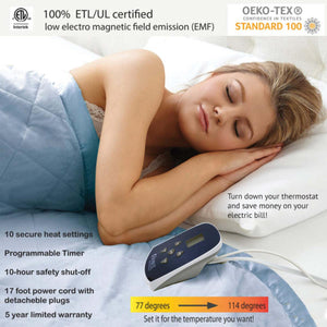 Shavel electric blanket features including heat settings timer safety shut off and temperature range
