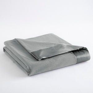 Folded grey fleece blanket with satin trim