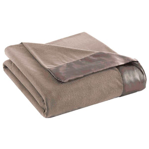 Folded brown fleece blanket with satin trim