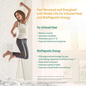 Shield Life infographic detailing benefits of far infrared heat and biomagnetic energy