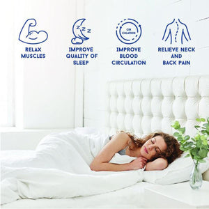Shield Life benefits infographic showing muscle relaxation sleep quality circulation and pain relief for a sleeping person