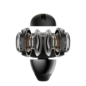 Exploded view of Shokz earbud components showing internal speaker drivers and housing