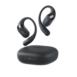 Black Shokz OpenFit earbuds and charging case