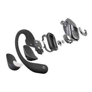 Exploded view of wireless earbud components showing internal circuitry and casing