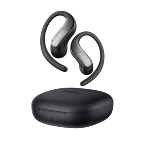 Shokz black open ear wireless earbuds with matching charging case