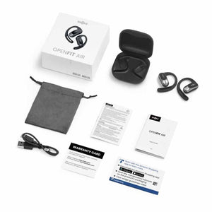 Shokz OpenFit Air earbuds with charging case, charging cable, carry pouch, and documentation