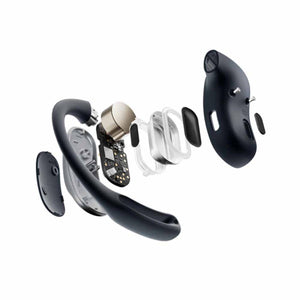 Exploded view of Shokz bone conduction headphones showing internal components and casing
