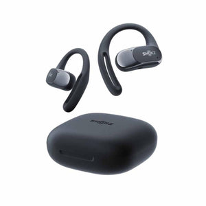 Shokz black open ear wireless earbuds with matching charging case