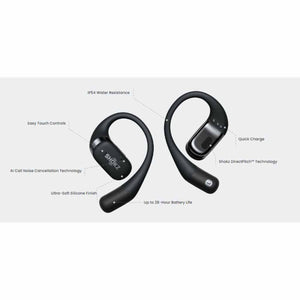 Shokz open ear headphones with labels highlighting features like water resistance touch controls and battery life