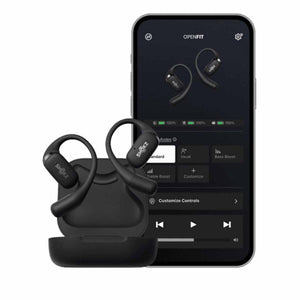 Shokz OpenFit earbuds and charging case with smartphone app interface showing sound modes